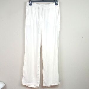Kenar Women White Drawstring Straight Leg 100% Linen Pants sz L